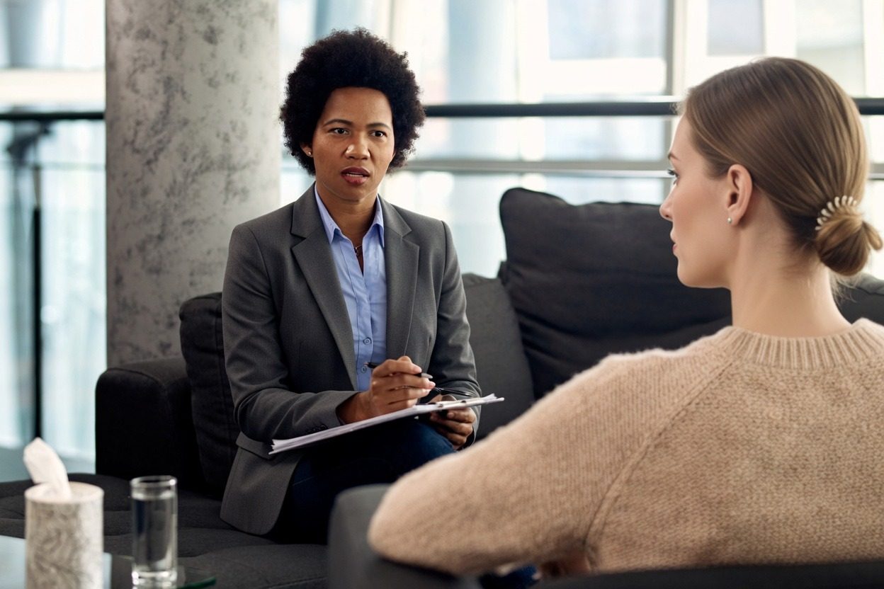 Practitioner taking notes during a one-to-one career guidance consultation
