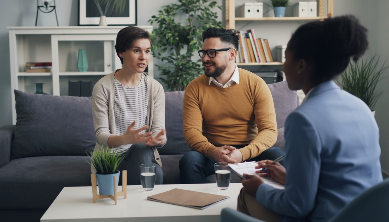 Couple in a counselling session with a practitioner taking notes