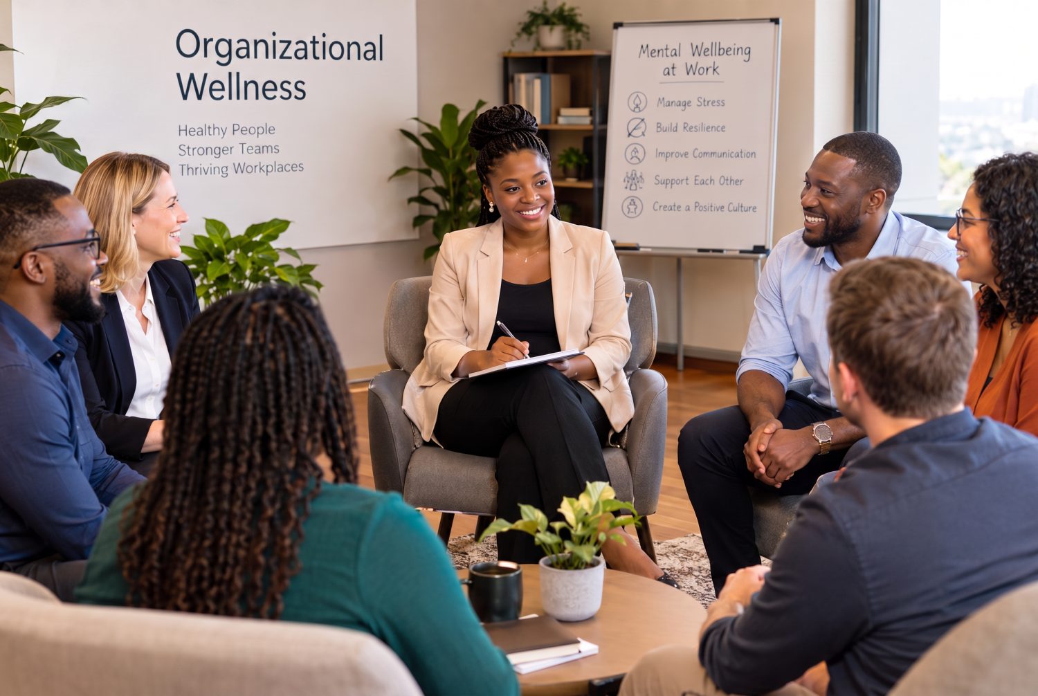 Facilitator leading a workplace mental wellbeing session with a group of employees