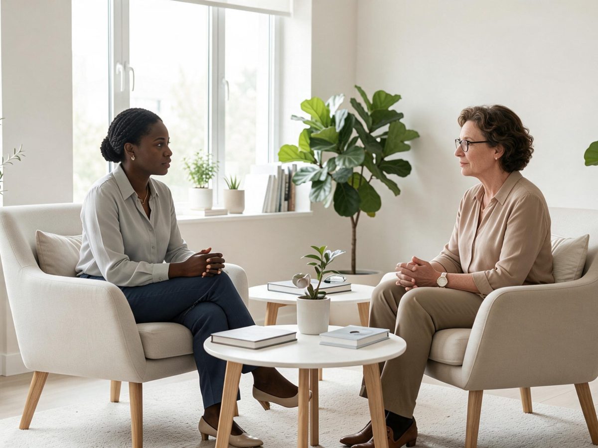 Practitioner and client in conversation during an individual therapy session in a bright consulting room